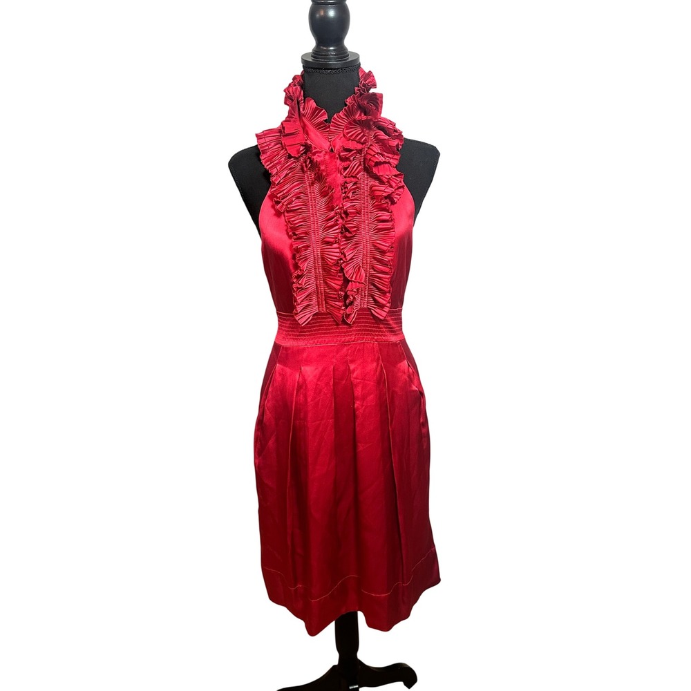 BCBGMAXAZRIA Red Silk Ruffle Halter Dress OpenBack Pleated Cocktail SZ10 Holiday